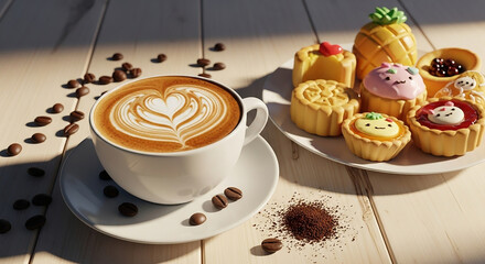 A table set with a cup of coffee and an assortment of pastries, inviting for a cozy breakfast or snack