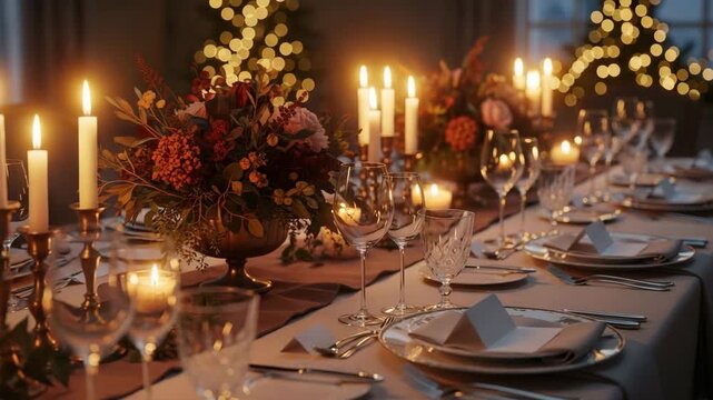 Elegant festive table setting with burning candles and floral arrangements, ready for Christmas or New Years Eve dinner party celebration.