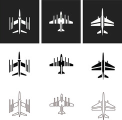 Modern aviation jet vector icon set with sleek aircraft designs. Ideal for airline branding, pilot training, and travel-themed graphics.