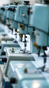 Row of industrial sewing machines lined up next to each other for manufacturing or production