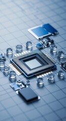 Fototapeta premium Digital camera sensor and electronic components close-up. Vertical macro of a high-tech microchip with optical lenses on a grid background. Semiconductor manufacturing and innovation