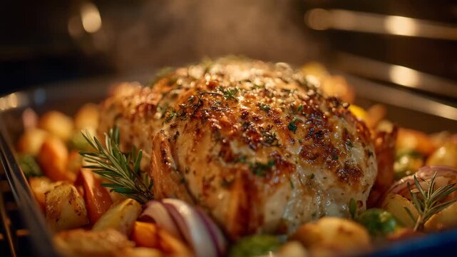Juicy turkey garnished with roasted carrots, onions, and herbs being taken out of oven, shimmering steam rising into soft kitchen light, family feast anticipation