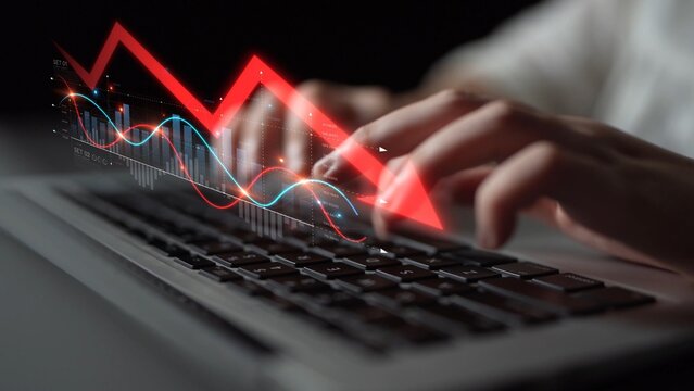 Economic caution visualized with fluctuating market graph, alert symbols, and negative data trends. Represents financial risk, market volatility, and economic uncertainty. Muxer