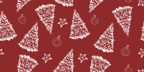Seamless Christmas pattern with white Christmas trees, stars and ornaments on red. Perfect for holiday designs and gift wrapping. vector and illustration.