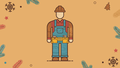 Wood textured construction worker in overalls and hard hat on a holidaythemed background