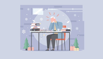 Stressed worker buried in work at his desk during the winter holidays Burnout and deadline pressure