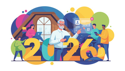 Diverse business team collaborating on digital projects planning success for the year 2026