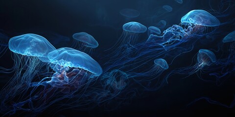 Obraz premium A group of jellyfish gracefully swim in the deep, dark ocean.
