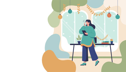 Remote worker takes a business call from her cozy illustrated home office