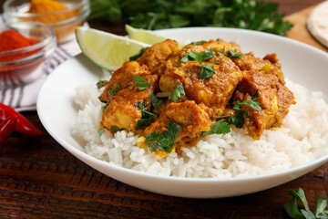 Chicken tikka masala with rice served on wooden table, closeup