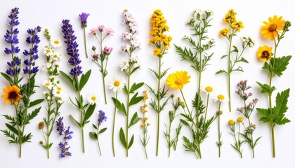 Wildflowers arranged in a row on white background