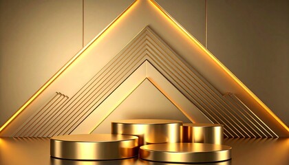 Golden geometric triangle with podiums in luxurious interior