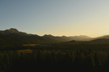 Beautiful sunset over Zakopane, Poland. Scenic view from Cyrhla village, summer evening
