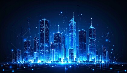 Futuristic blue digital cityscape with glowing skyscrapers