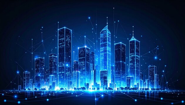 Futuristic blue digital cityscape with glowing skyscrapers