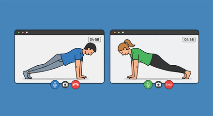 Fitness class via video call. Two people in plank position