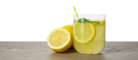 Tasty lemonade with mint and fresh fruits on wooden table against white background