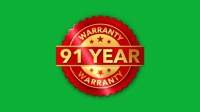91 Year Warranty   on the green screen background. Badges Design Animation Motion graphics of warranty idea. 91 Year Warranty Stamp Imprint Seal Template. Round badge gold Stamp with Text Animation