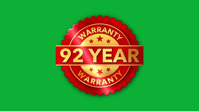 92 Year Warranty   on the green screen background. Badges Design Animation Motion graphics of warranty idea. 92 Year Warranty Stamp Imprint Seal Template. Round badge gold Stamp with Text Animation