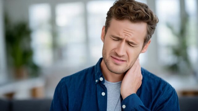 Pained man pressing neck gently, close-up on facial expression showing discomfort and strain, subtle lighting accentuating throat area, symptom of laryngitis or cold
