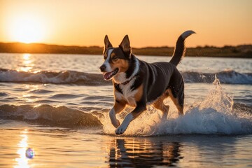 Fröhlicher Hund läuft durch das Wasser am Strand bei Sonnenuntergang