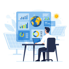 Businessman analyzing solar energy data on computer in office  