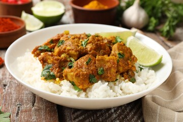 Delicious chicken tikka masala with rice, parsley and lime on color wooden table, closeup