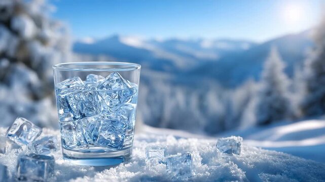 Pure water glass with ice cube photographed outdoors in snowy mountain environment, clear air and frosty textures, wide horizon with copy space promoting value of clean natural res