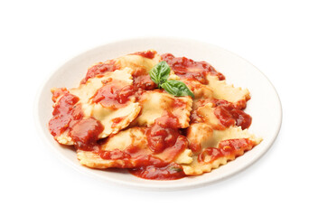 Delicious ravioli with tomato sauce and basil isolated on white