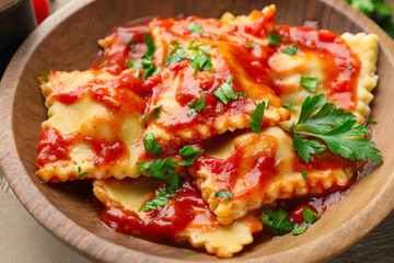 Delicious ravioli with tomato sauce and parsley on wooden table, closeup