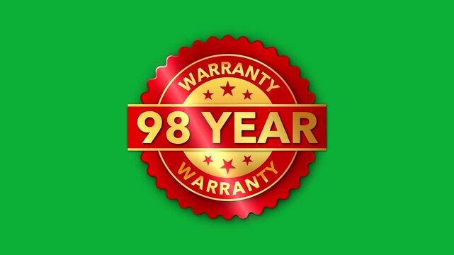 98 Year Warranty   on the green screen background. Badges Design Animation Motion graphics of warranty idea. 98 Year Warranty Stamp Imprint Seal Template. Round badge gold Stamp with Text Animation