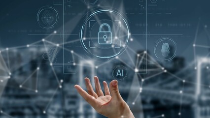 Cybersecurity system interface with biometric lock and data protection. Cybersecurity protects access, identity, cyber security prevents threats, and cyber security supports digital systems. Marrow