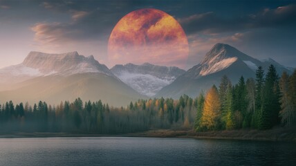 Dramatic landscape with fiery sun over snow-capped mountains and autumn forest peaks