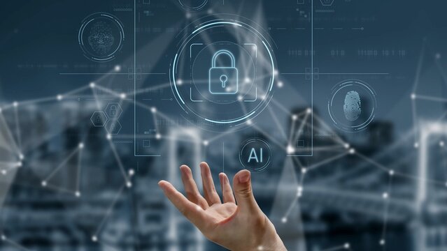 Cybersecurity system interface with biometric lock and data protection. Cybersecurity protects access, identity, cyber security prevents threats, and cyber security supports digital systems. Marrow