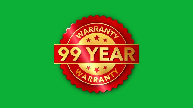 99 Year Warranty   on the green screen background. Badges Design Animation Motion graphics of warranty idea. 99 Year Warranty Stamp Imprint Seal Template. Round badge gold Stamp with Text Animation