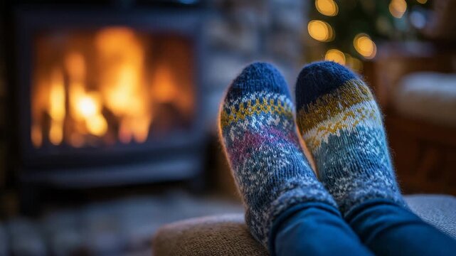 Relaxing winter scene, legs in jeans and knitted Christmas socks stretched toward flickering fireplace, warm colors highlighting textures and festive feel