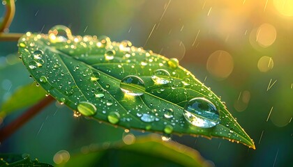 Close-up of a green leaf covered with water droplets, illuminated by sunlight and rain