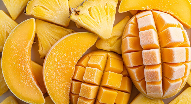 Frozen tropical fruit close-up including cubed mango, sliced mango, and pineapple as a healthy food ingredient for freshness and convenience. Banner template of ripe fruits.