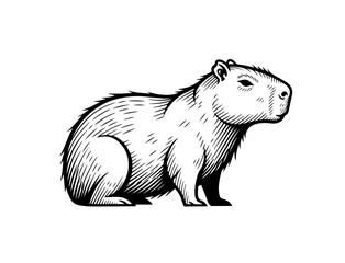 A minimalist yet detailed black and white etching of a capybara, capturing the animal's gentle nature in a timeless vintage woodcut style