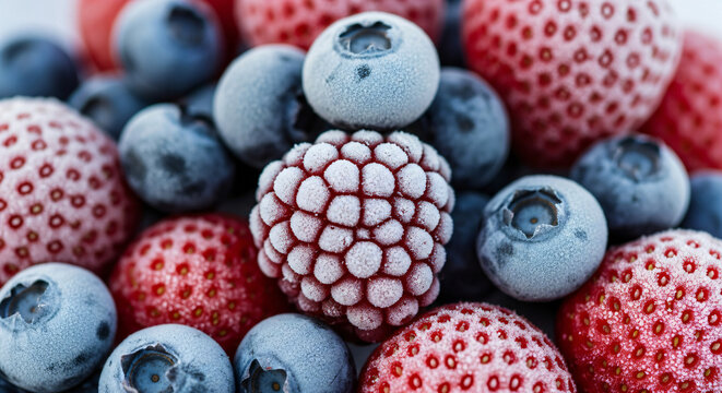 Close up of frozen blueberries, blackberries and strawberries. Banner template of fresh mixed berries for healthy eating concept or frozen food background.