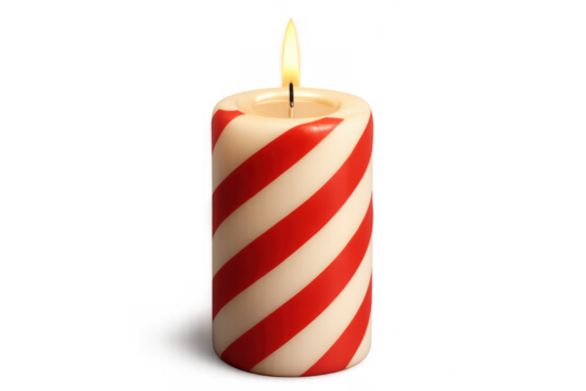 Pillar candle featuring diagonal red and white stripes, igniting a warm flame. Transparent background for easy use