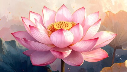 Close-up of a luminous, vibrant pink lotus flower with detailed petals against a soft, blended background