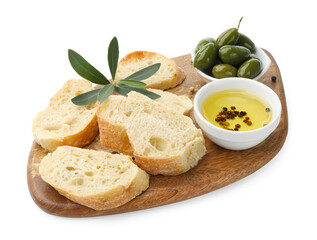 Ciabatta slices, oil with peppercorns and olives isolated on white