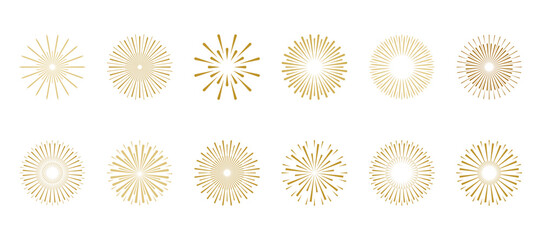A set of fireworks icons in golden shades, vector illustration, isolated on a white background. A graphic element for design, decoration, celebration, postcard, poster. Sparks, lights, flashes