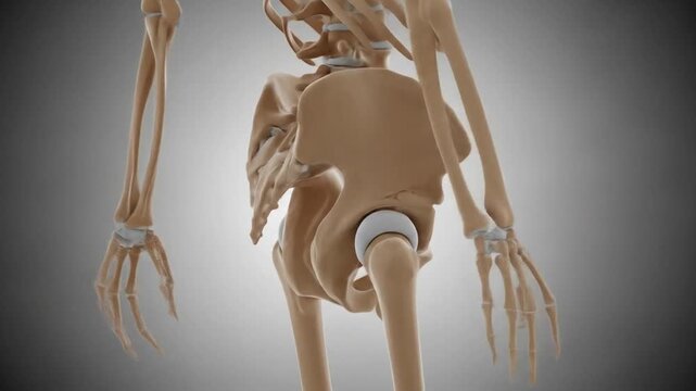 Detailed 3D animation of the human pelvic girdle and hip joint anatomy with skeletal rotation
