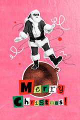 3d image art pop trend collage of excited old man santa claus dance bauble new year tree toy...