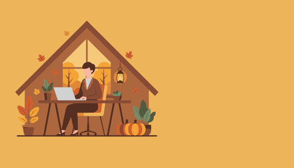 Work from home in autumn Cozy remote office setup with seasonal fall decorations