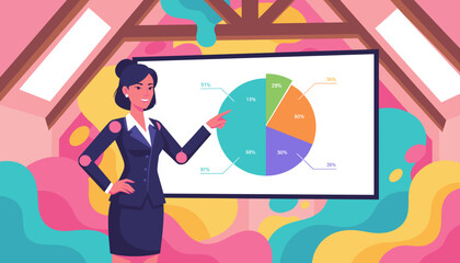 Professional woman presenting a data pie chart in a modern colorful loft office illustration