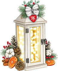Watercolor hand drawn christmas lantern decoration