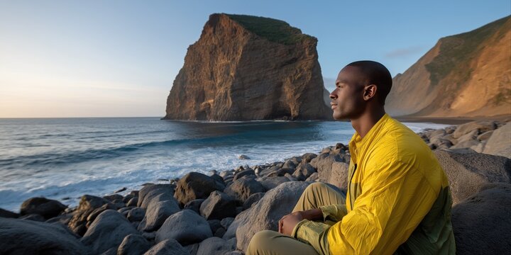 Young african male relaxing on rocky beach with ocean and cliff view at sunset